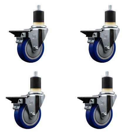 Service Caster 4'' Blue Poly Swivel 1-7/8'' Expanding Stem Caster Set with Brake, 4PK SCC-EX20S414-PPUB-BLUE-PLB-178-4